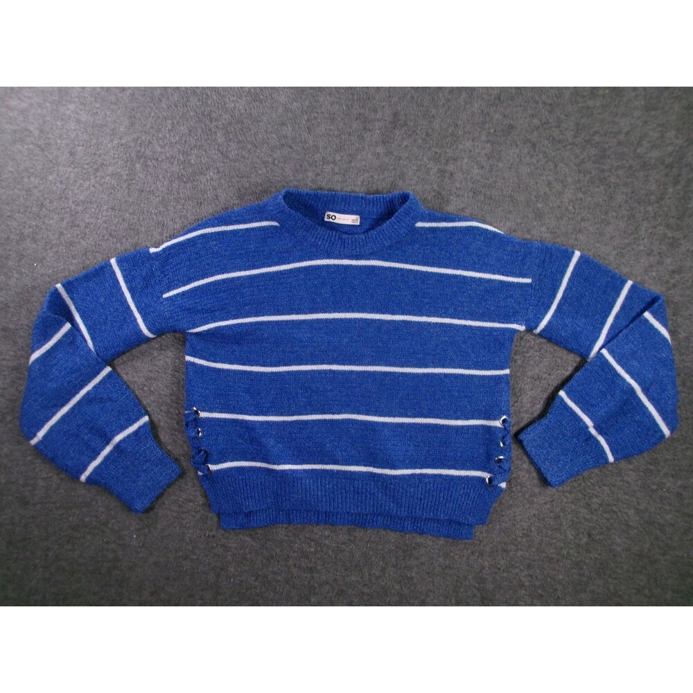 SO Sweater Womens XS Blue Striped Crewneck Lace Up Sides Cozy Knit Long Sleeve